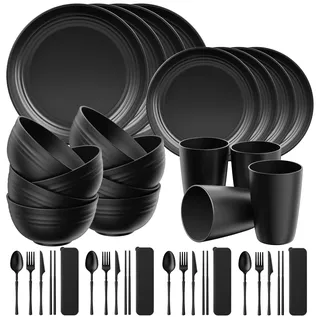 Quatish 32 Teiliges Kunststoff Geschirrset, Unzerbrechliches Camping Geschirr Set für 4 Personen, Wiederverwendbare Tafel-Set für Kinder und Erwachsene, Geschirrspüler Mikrowelle Sicher, Schwarz