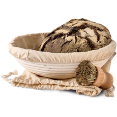 Gärkorb zum Brotbacken - Aus nachhaltigem Rattan - Rund - Set inkl. Bürste, Leineneinlage & Brotbeutel - Geruchsneutral