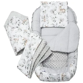 Medi Partners Babynest Nestchen Baby Set für Neugeborene - 100x60x15 Kuschelnest 5 teilig tragbar Nest zweiseitig Babynestchen Bett 100% Baumwolle (Hirsch in Blättern mit Grau Minky)