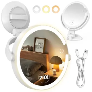 Wiederaufladbarer Doppelseitiger Kosmetikspiegel mit Beleuchtung – 360° Drehbar mit 20-facher Vergrößerung & Saugnapf, 3 Beleuchtungsmodi, Touchscreen & Rasierspiegel für Badezimmer und Schlafzimmer
