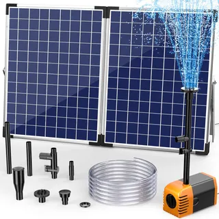 Biling 35W Solar Springbrunnen für außen, 1500L/H Solar Teichpumpe mit Filter, 4 Düsen 2M Wasserleitung 5M Kabel DIY Wasserspiel Solarpumpe, Solar Brunnenpumpe für Teich Garten Wasserfall