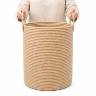 OrganiHaus Korb Geflochten Rund, Wäschekorb Geflochten, Korb Aufbewahrung Groß, Aufbewahrungskorb Kinderzimmer, Aufbewahrungskorb für Decken Kissen Spielzeug, Faltbar mit Griff - 38x45cm, Honig