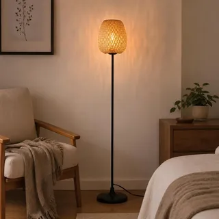 Alpinaluz Stehlampe E27 Naturschirm Weide Bambus Schwarzer Fuß | Handgeflochtener Schirm und schwarzer Metallfuß, nordischer Boho-Stil für Wohnzimmer, Schlafzimmer, Sofa und Leseecke