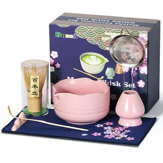 Dnnnii Matcha-Schneebesen-Set, 7-teiliges Keramik-Matcha-Set mit Matcha-Schüssel, Schneebesen und Halter, Bambusschaufel, Schaufelablage, Sieb und Geschirrtuch, Matcha-Liebhaber, Geschenk für Familie