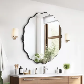 GIOVARA Wandspiegel Dekorative Wandspiegel zum Aufhängen ⌀50 cm Unregelmäßiger Wellenspiegel Moderner Industrial Spiegel Badezimmer Spiegel für Bad, Waschtisch, Wohnzimmer, Schlafzimme(Schwarz