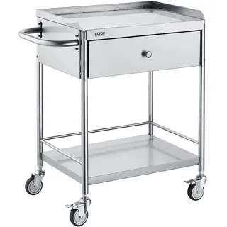 VEVOR Zweistöckiger Laborwagen Gerätewagen Medizintechnik Servierwagen 201 Edelstahl Tragbar Abräumwagen mit Schubladen 100 kg Tragfähigkeit, 710 x 421 x 785 mm (mit Griff) Labor Rollwagen