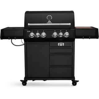 BURNHARD Big Earl Black 4-Brenner Gasgrill Edelstahl inkl. Heckbrenner, mit Gusseisen Grillrost & inkl. Stabiler Abdeckhaube, Seitenkochfeld mit Infrarot Keramikbrenner