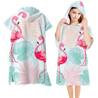 Bseical Badeponcho Kinder mit Kapuze, Mikrofaser Poncho Strandtuch, Badehandtuch Kinder, Handtuch Poncho, Badetuch für MäDchen, Jungen, Badetuch Kleinkind 2-8 Jahre (Flamingo)