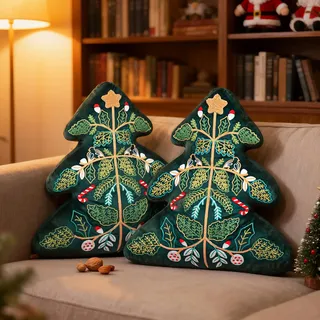 Lanpn 2 Stück Weihnachtsbaum Kissen Weihnachtskissen, Weihnachts Kissen Dekokissen Flauschiges Zierkissen mit Gestickte Blättern für Geschenk Party Bett Sofa Weihnachtsdeko (Grün, 41x45,5cm)