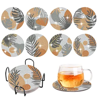 Diamond Painting Untersetzer, 8 Stück DIY Grüne Blätter Diamond Untersetzer mit Halter Dekorative Hölzern Untersetzer mit Diamond Painting Kit für Erwachsene Kinder Anfänger
