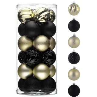 Valery Madelyn Weihnachtskugeln, 24pcs 6cm Christbaumkugeln Kunststoff Weihnachtskugel Weihnachtsdeko mit Aufhänger Geschenkpaket Weihnachtsbaumschmuck Schwarz Gold Thema