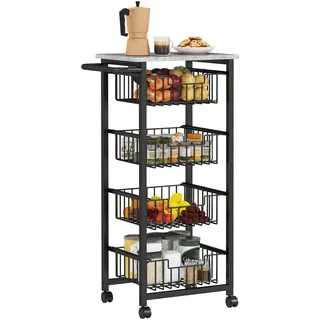 Homcom Küchenwagen mit Arbeitsplatte, 4 ausziehbaren Stahlkörben, Grau | Hellgrau , Metall , 31x91x49.5 cm , Esszimmer, Servierwagen