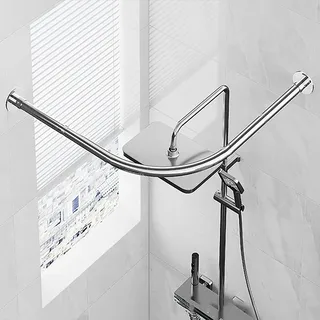 Verstellbare L Form Duschvorhangstange, Gebogene Viertelkreis Duschvorhangstange Edelstahl, Eckdusche Rund-Duschstange Ohne Bohrer, Für Badezimmer Dusche Bade(Size:D 70-95cm x 105 -165cm,Color:Silber)
