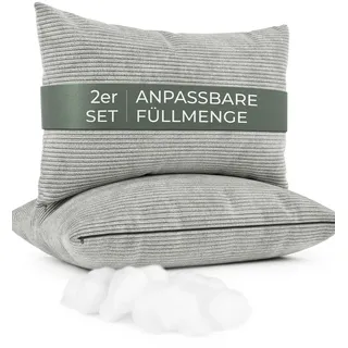 Sofakissen mit Füllung und Bezug 2er Set [extra bauschig] Cord Couchkissen groß 40x60 cm mit regulierbarer Dicke, Zierkissen Kord Bezug, Dekokissen für Sofa und Couch, hellgrau, Kordsamt Kissenbezug