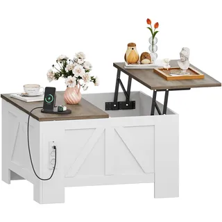 YITAHOME Couchtisch Höhenverstellbar Wohnzimmertisch mit versteckter Stauraum, anhebbarer Tischplatte und Steckdose, Wohnzimmer Tisch für Couch, Weiß und Grau