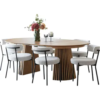 Tokyo Essgruppe Esstisch inkl. 2 Einlegeplatten Ø120x120-160-200 cm Eichenfurnier und 6 Stühle Bouclé Weiß. - Kastanienbraun