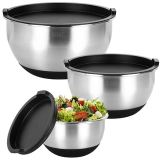 Bastwe Rührschüssel 3er Set, Edelstahl Schüssel Salatschüssel Set mit luftdichten Deckel, Stapelbar und Rutschfesten Böden, Größe 4, 2, 1 QT, ideal zum Mischen und Servieren