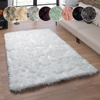 Paco Home Fellteppich »Playa 960« rechteckig 64 mm Höhe Kunstfell, Flokati-Optik, Hochflor, weich und flauschig, Uni-Farben, weiß