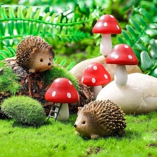 CasaTena Harz Feengarten Zubehör 6-teiligen Set - 2 Igel und 4 Pilze Gartendeko Miniatur Garten Deko - Miniaturen Deko Figuren