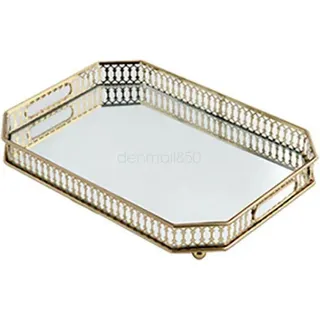 Achteckiges Spiegel-Tablett - Parfüm- und Schmuckablage - Spiegelglas - Vintage-Stil - Für Schminktisch und Kommode - Dekorativ - Gold