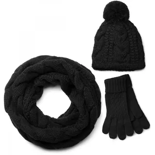 styleBREAKER "Strick Schal, Mütze & Handschuh Set mit Zopfmuster" 3 Stk., schwarz, loop schlauchschal