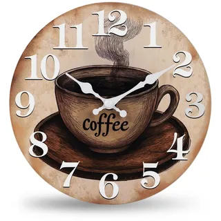 Küchenuhr Wanduhr mit Kaffee Motiv Retro Vintage Lautlos Hartglas Wanduhren für Küche, arabische Ziffern, dekorative Wanduhren, Cafe, Kaffeebar Deko – 30cm, Braun