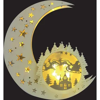 Mond aus Holz / LED beleuchtet / Hologramm-Licht-Effekt / hängend / kabellos