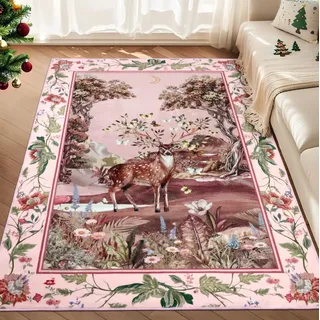Geanup Weihnachts Teppiche Wohnzimmer 120 x 180 cm Weicher, Rosa Rentier Weihnachtsteppich für Kinderzimmer Rutschfester, Kurzflor Teppich Weihnachten für Kinder Schlafzimmer Esszimmer Büro