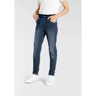 Schlupfjeans KANGAROOS "Stretch-Jeans mit schmalem Bein für Jungen", Jungen, Gr. 140, N-Gr, blau (blau stone), Denim/Jeans, Obermaterial: 75% Baumwolle, 24% Polyester, 1% Elasthan, Basic schmal, Jeans Schlupfjeans, schmale Beinform, Used-Waschung, komfortable Leibhöhe, Topseller