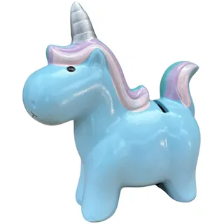 Dekorative Spardose Einhorn aus Keramik mit Deckel, 16,5 x 7 x 17 cm, erhältlich in Blau, Weiß und Rosa (Blau)