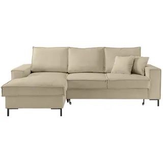 luma-home Ecksofa mit Schlaffunktion, Bettkasten, Wellenunterfederung, Récamiere links B240/T150/H92 cm, Liegefl. 125x198 cm, Cord Beige Grau / 17223 , Textil , Füllung: Polyurethan (Pur) , Ottomane links,L-Form , 240x150 cm , Wohnzimmer, Sofas & Couches, Wohnlandschaften, Ecksofas