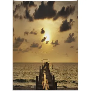 Abakuhaus Nautisch Wandteppich, Holzdeck Sonnenuntergang aus Weiches Mikrofaser Stoff Kein Verblassen Klare Farben Waschbar, 110 x 150 cm, Gelb Grau
