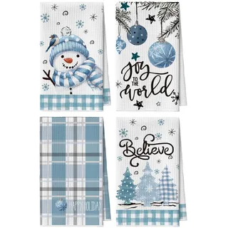 Artoid Mode Blau BüffelKaro Schneemann Baum Weihnachtskugel Weihnachten Küchentücher Geschirrtücher, 42x65 cm Mikrofaser Saugfähig Küchen Deko 4er Set