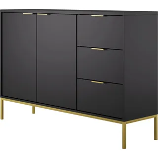 Kommode mit 3 Schubladen und 2 Schränken, modernes Sideboard, Stahlrahmen Schwarz und Gold - Schwarz
