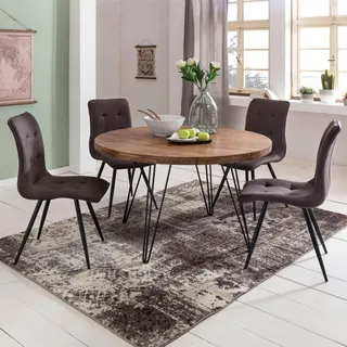 FineBuy Esszimmertisch rund Ø120cm Sheesham Massivholz – Design Esstisch für 4 Personen Hairpin Beinen, Landhaus Stil Küchentisch, Holztisch Esszimmer - Braun