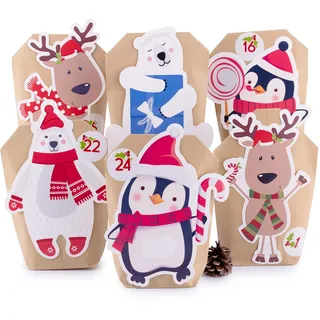 pajoma® Adventskalender zum Befüllen Tiere – 24 braune Kraftpapiertüten mit Sticker & Accessoires – DIY Weihnachtskalender Bastelset für Kinder & Erwachsene