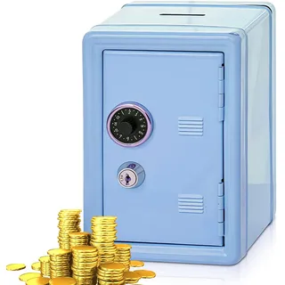 Spardose Tresor, Sparschwein mit Geldeinwurfschlitz, Mini Safe Tresor, Metall Piggy Bank, Spardosen mit 2 Schlüssel, Geldsparbox, H: 18cm L: 12cm B: 9,5cm, Sparkasse für Geldbox, Sparen (Blue)