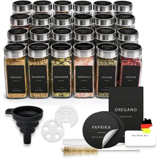 Happy Lemuro Gewürzgläser Eckig [24 x 120 ml] Gewürzbehälter mit 301 Etiketten, Edelstahldeckeln | Gewürzdosen Set | Gewürzaufbewahrung, Gewürzglas, Gewürz Organizer, Streueinsatz