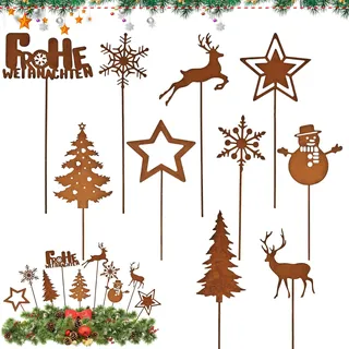 Lets Joy Weihnachten Gartenstecker, 10er Gartenstecker Rost Weihnachten, Rentier Schneemann Weihnachtsbaum Rost Gartendeko, Draußen Blumentopf Terrasse Gartendeko