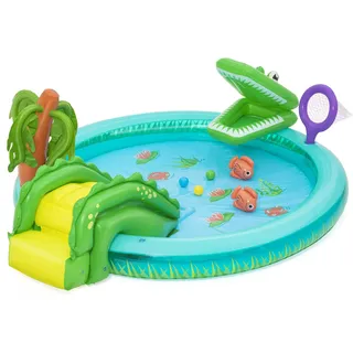 BESTWAY Wasserspielcenter Krokodil, 224 x 181 x 72 cm, ab 2 Jahren, Wasserrutsche, Sprinkler, Krokodil-Design, inklusive Kescher, Spielfische und Spielbälle, PVC, bis 45 kg, 210 Liter