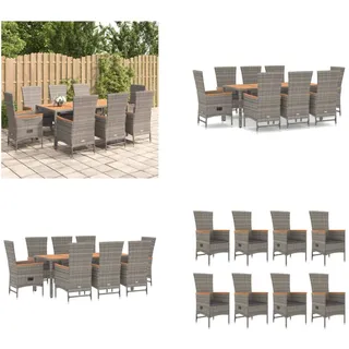vidaXL 9 tlg. Garten Essgruppe mit Kissen Grau Poly Rattan - Garten Essgruppe - Garten Essgruppen - Essgruppe - Essgruppe Terrasse - Grau