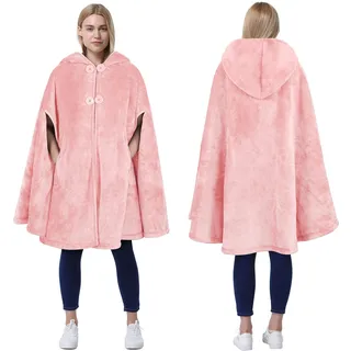 Catalonia Classy Damen Poncho mit Kapuze, Winter Warmer Poncho Kuscheldecke, Plüsch Fleece Cape Poncho Jacke für Outdoor, Rosa