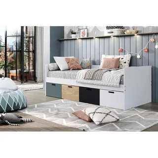 Mid.you Stauraumbett , Grau, Naturfarben, Schwarz , Holz , Kiefer , massiv , 4 Schubladen , Höhe ca. 20,0 cm , 90x200 cm , FSC Mix , Lattenrost, mit Schubkästen , Babymöbel & Kindermöbel, Kinderzimmer & Jugendzimmer, Kinderbetten, Kinderbetten & Jugendbetten