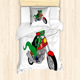 ABAKUHAUS Dinosaurier-Fahrrad Bettbezug Set für Einzelbetten, Lustige Reiter-T-rex, Milbensicher Allergiker geeignet mit Kissenbezug, 135 cm x 200 cm - 80 x 80 cm, grün Multicolor - Grün