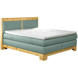 Linea Natura Boxspringbett , Mintgrün , Textil , Zirbe,Zirbe , vollmassiv , H3 + H4 , Höhe ca. 22 cm , 160x200 cm , gepolstertes Kopfteil, Stoffauswahl, Topper durchgehend, in verschiedenen Größen erhältlich, Partnermatratze mit durchgehendem Bezug , Holzmöbel, Holzbetten, Boxspringbetten Holz