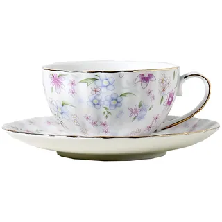 fanquare Lila Blumen Teetasse und Untertasse, 1er Set Elegante Britische Porzellan Kaffeetassen mit Goldrand, Geschenk für Mutter, Freundin, Teeparty, 200 ml