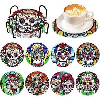 WOWDECOR Diamond Painting Untersetzer mit Halter 8 Stück, DIY HalloweenTischuntersetzer Glasuntersetzer 5D Diamant Painting Coaster für Gläser Tassen Auto Mosaik (Halloween)