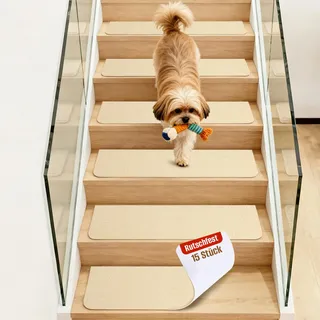 OJTOJT Stufenmatten Selbstklebend, Anti-Rutsch Treppen Teppich, 15 Stück Treppenstufen Matten, 76x20 cm Treppenschutzmatten für Innen, Ideal für Kinder, Senioren und Haustiere(Beige)