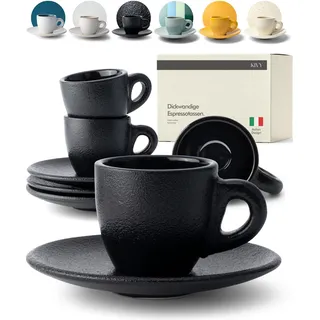 KIVY Espresso Tassen Set [4x 75ml] - Espressotassen mit Untertassen - Handgefertigte Espresso Tassen dickwandig - Italienische Espressotassen Steingut Dickwandig - Schwarz