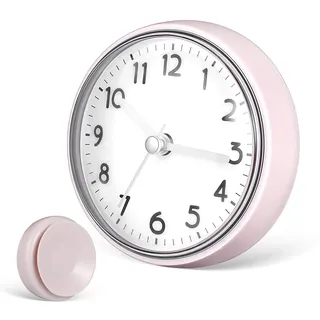 POPETPOP Duschuhr mit Saugnapf Kleine Leise Wanduhr für Badezimmer und Büro Glas Beschlagfrei Grau Weiß 10cm Durchmesser